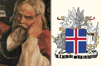 Samsett mynd. T.v. málverk af Snorra Sturlusyni, t.h. skjaldarmerki Íslands