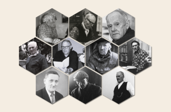 Ten black and white photos framed in hexagons, seemingly from various time periods. The photos are all of men.