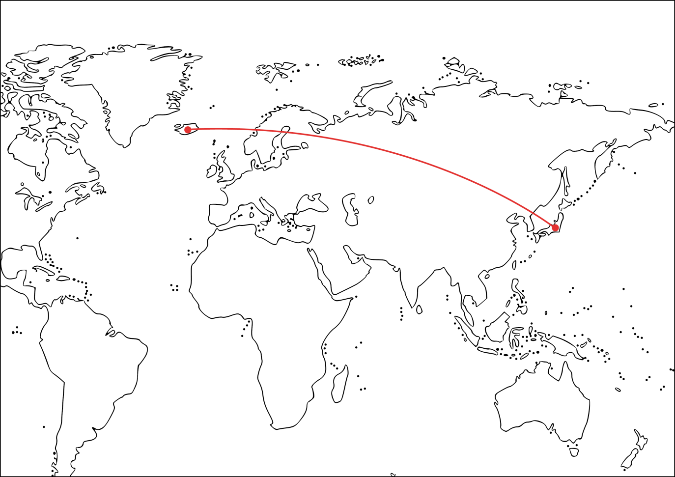 Heimskort. lína fer frá Íslandi til japans.