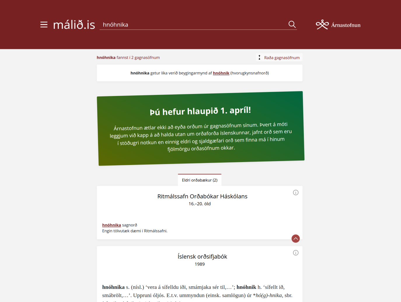 Skjáskot af malid.is þar sem blasa við skilaboð sem segja "Þú hefur hlaupið 1. apríl!"