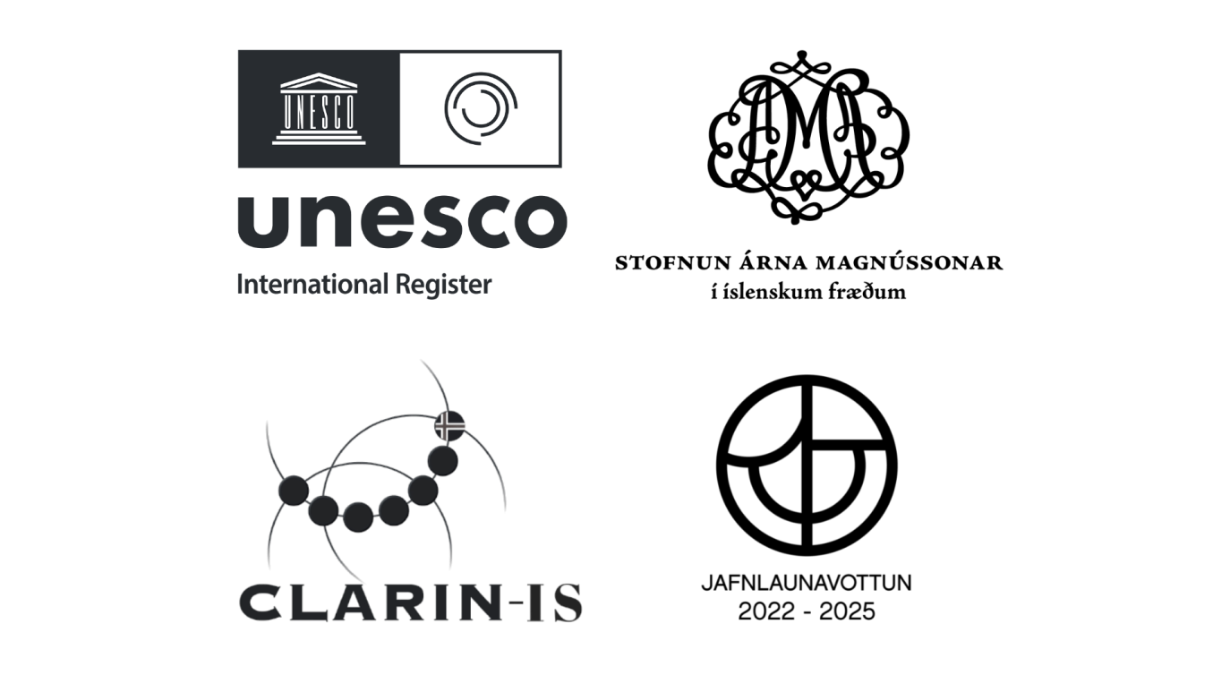 Merki UNESCO - Minnis heimsins, merki SÁM, merki CLARIN á Íslandi og merki Jafnlaunavottunar