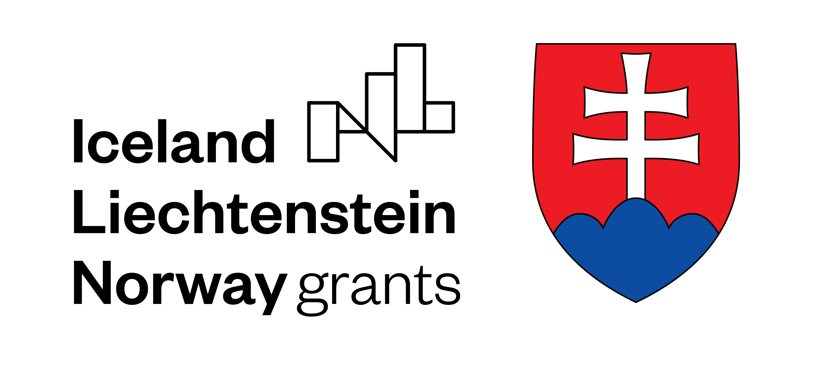 Iceland Liechtenstein Norway Grants ásamt merki. Skjaldarmerki Slóvakíu til hliðar.