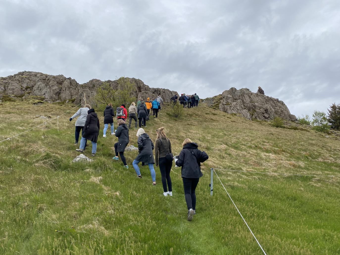 Fólk gengur í halarófu upp bratta brekku í átt að lágum klettum. Meðfram grasi grónum stígnum er haldreipi.