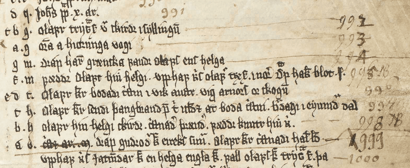 Texti á skinnblaði. Annáll. texti til vinstri og til hægri hefur ártal verið ritað.