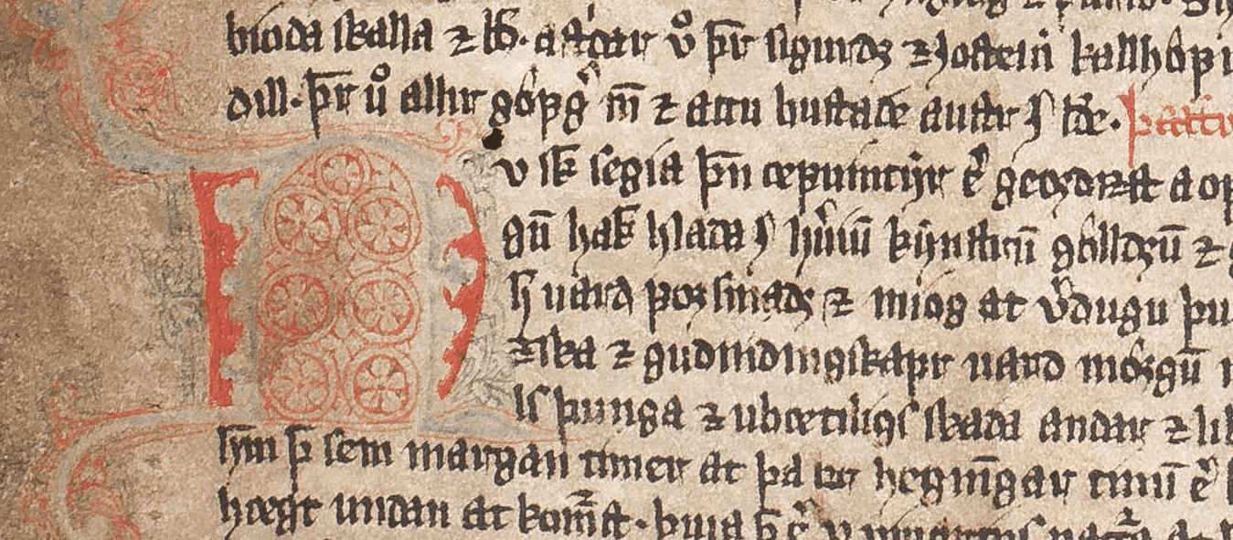 stór litríkur höfuðstafur við texta í skinn handriti. Rauður og blár. hægra megin við stafinn er texti