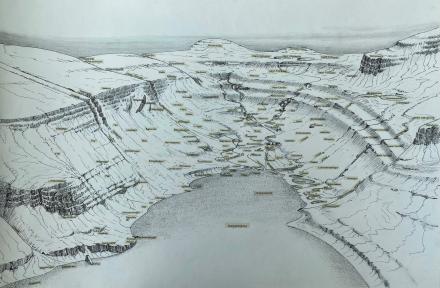 Nöfn merkt inn í landslag fyrri botni fjarðar.