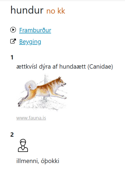 Færsla um orðið hundur í Íslenskri nútímamálsorðabók.